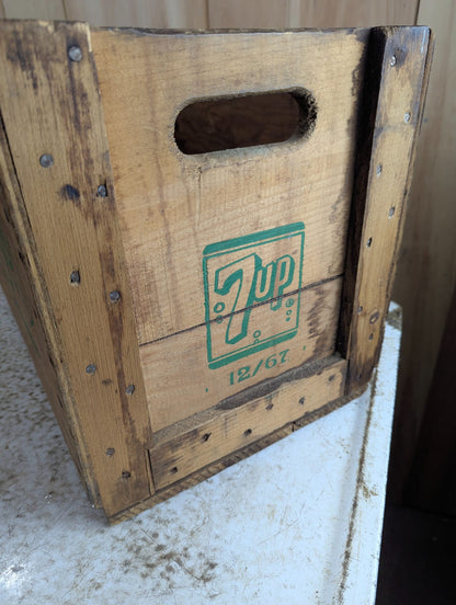 1960s 7UP Wooden Bottle Crate with Green Logo and 12/67 Date Stamp