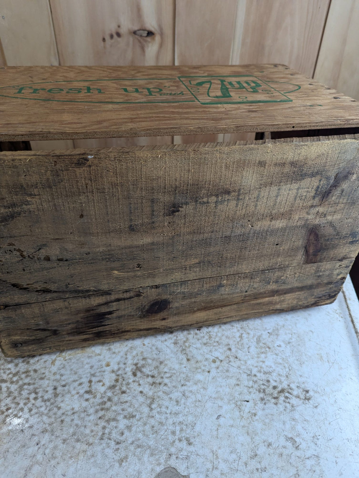 1960s 7UP Wooden Bottle Crate with Green Logo and 12/67 Date Stamp