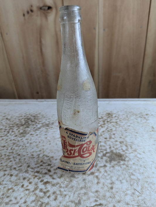 1940s Pepsi-Cola Canada Embossed Glass Bottle with Partial Original Paper Label