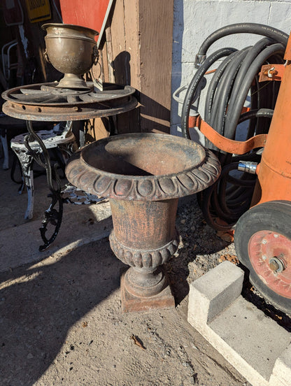 Vintage Cast Iron Garden Urn Planter with Egg and Dart Rim on Square Base