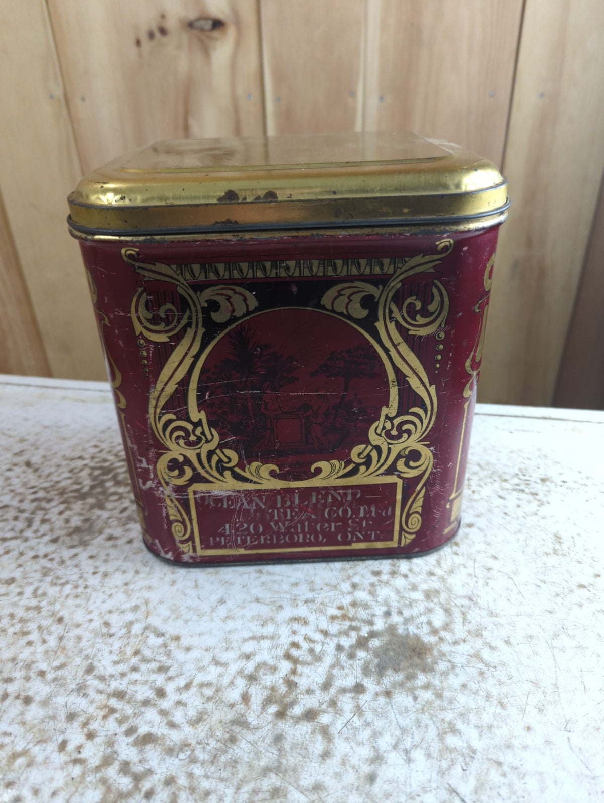 Antique MacDonald Mfg Co Art Nouveau Red Tin Tea Caddy 8.5" x 7" x 8.5