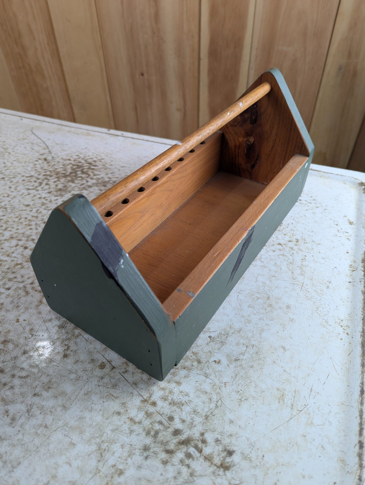 Vintage Small Painted Wood Tool Caddy with Dowel Handle and Peg Holes