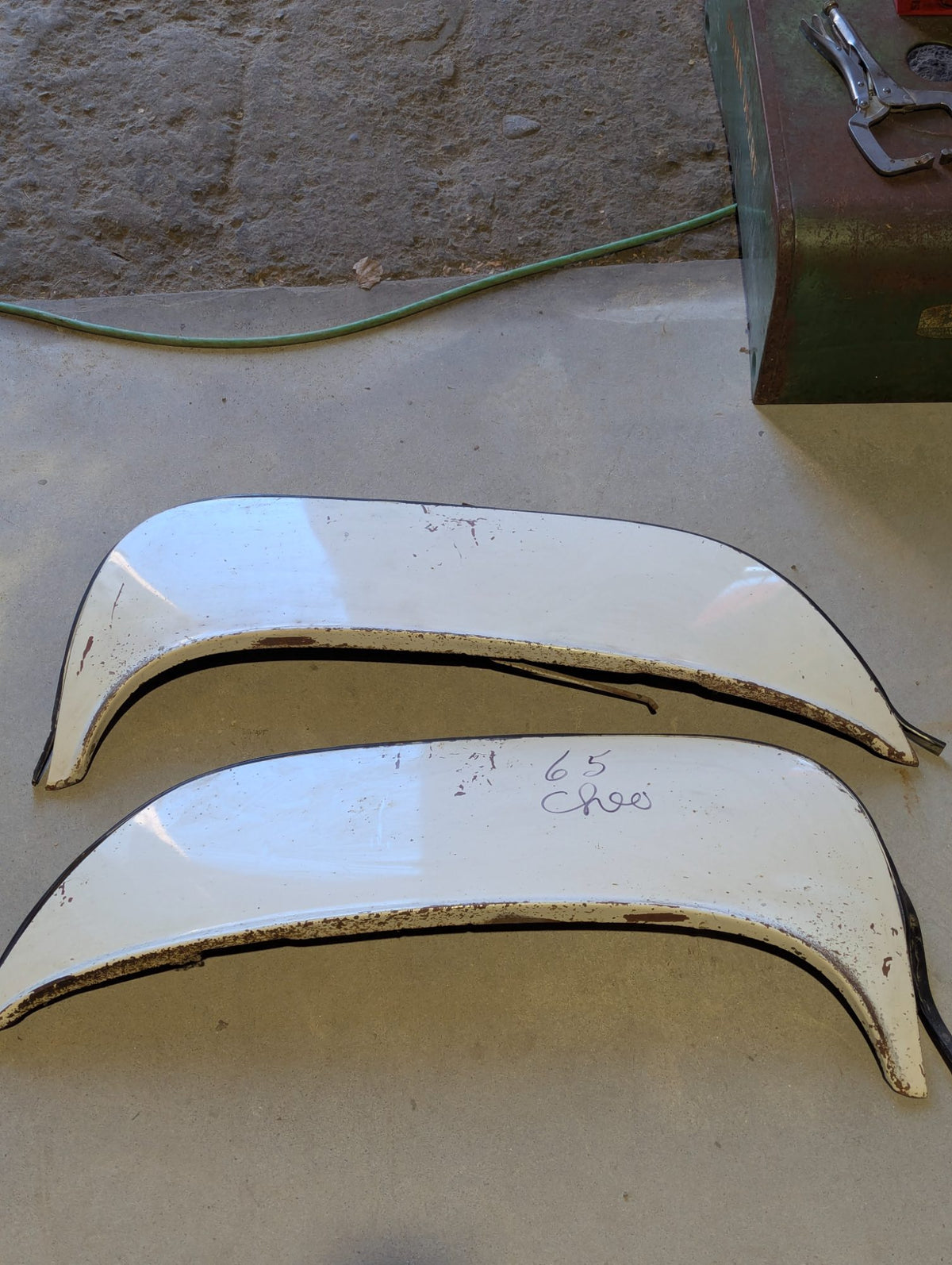 1960s Chevrolet Fender Skirts Pair - White Painted Metal with Rubber Trim