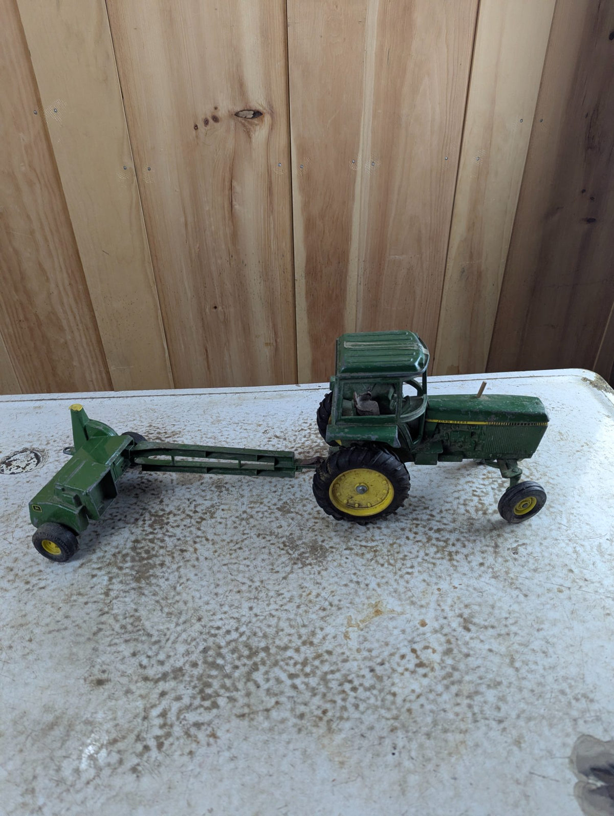 Vintage John Deere Metal Toy Tractor with Cab and Green Wagon Trailer