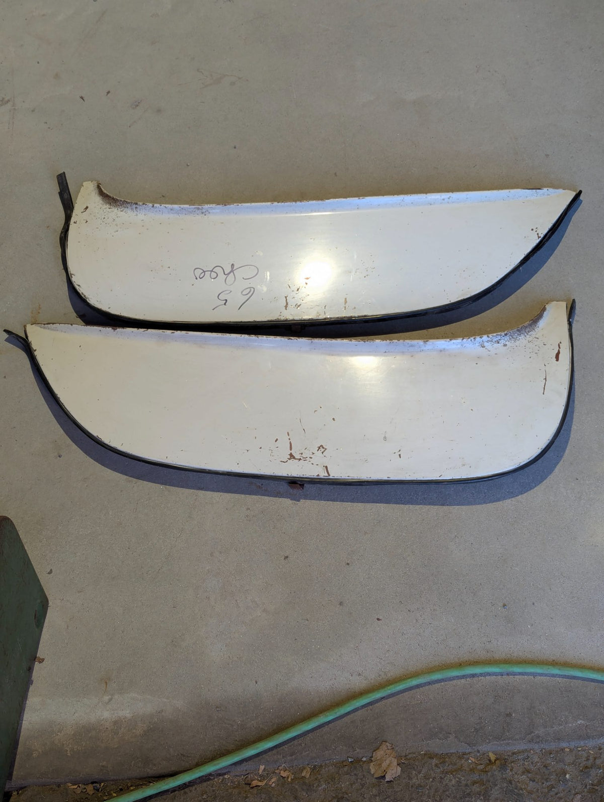 1960s Chevrolet Fender Skirts Pair - White Painted Metal with Rubber Trim