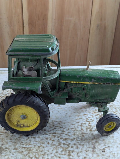 Vintage John Deere Metal Toy Tractor with Cab and Green Wagon Trailer