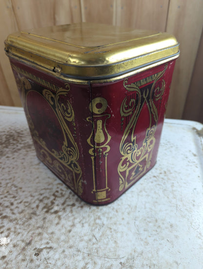 Antique MacDonald Mfg Co Art Nouveau Red Tin Tea Caddy 8.5" x 7" x 8.5