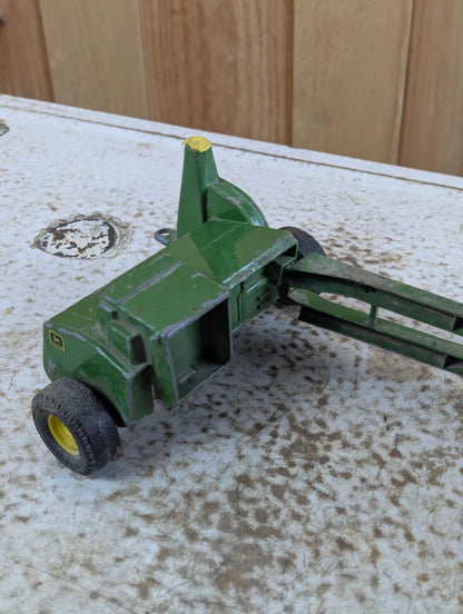 Vintage John Deere Metal Toy Tractor with Cab and Green Wagon Trailer