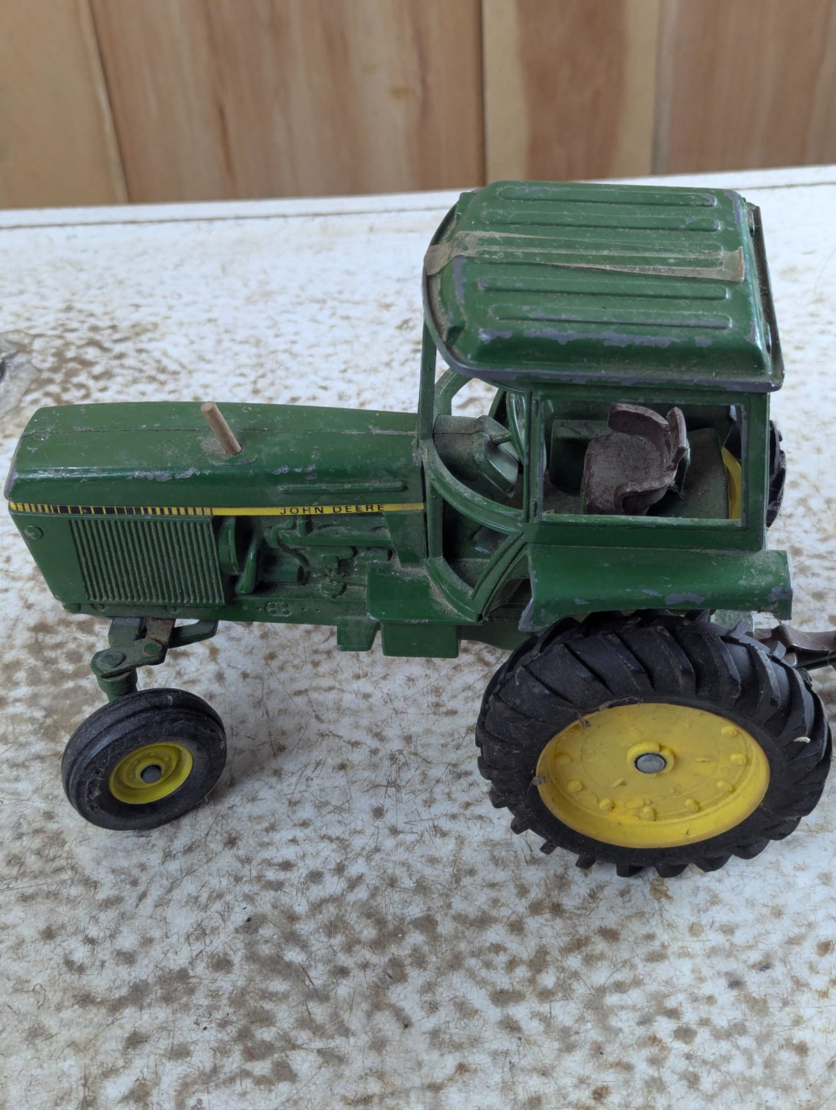 Vintage John Deere Metal Toy Tractor with Cab and Green Wagon Trailer