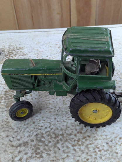 Vintage John Deere Metal Toy Tractor with Cab and Green Wagon Trailer