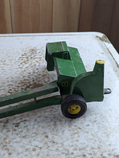 Vintage John Deere Metal Toy Tractor with Cab and Green Wagon Trailer