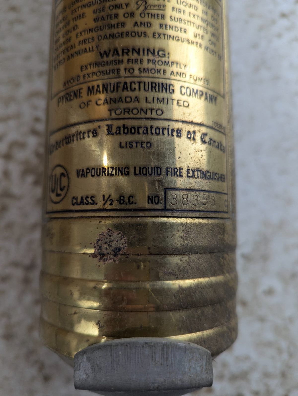 Vintage Pyrene Brass Carbon Tetrachloride Fire Extinguisher Toronto Canada