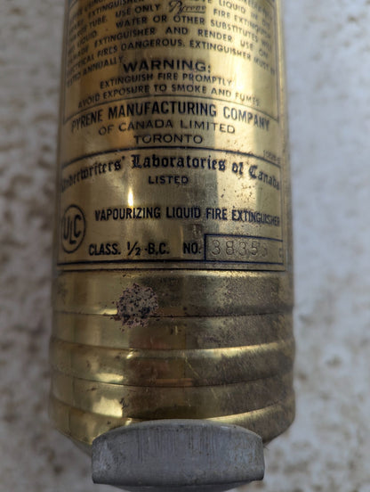 Vintage Pyrene Brass Carbon Tetrachloride Fire Extinguisher Toronto Canada