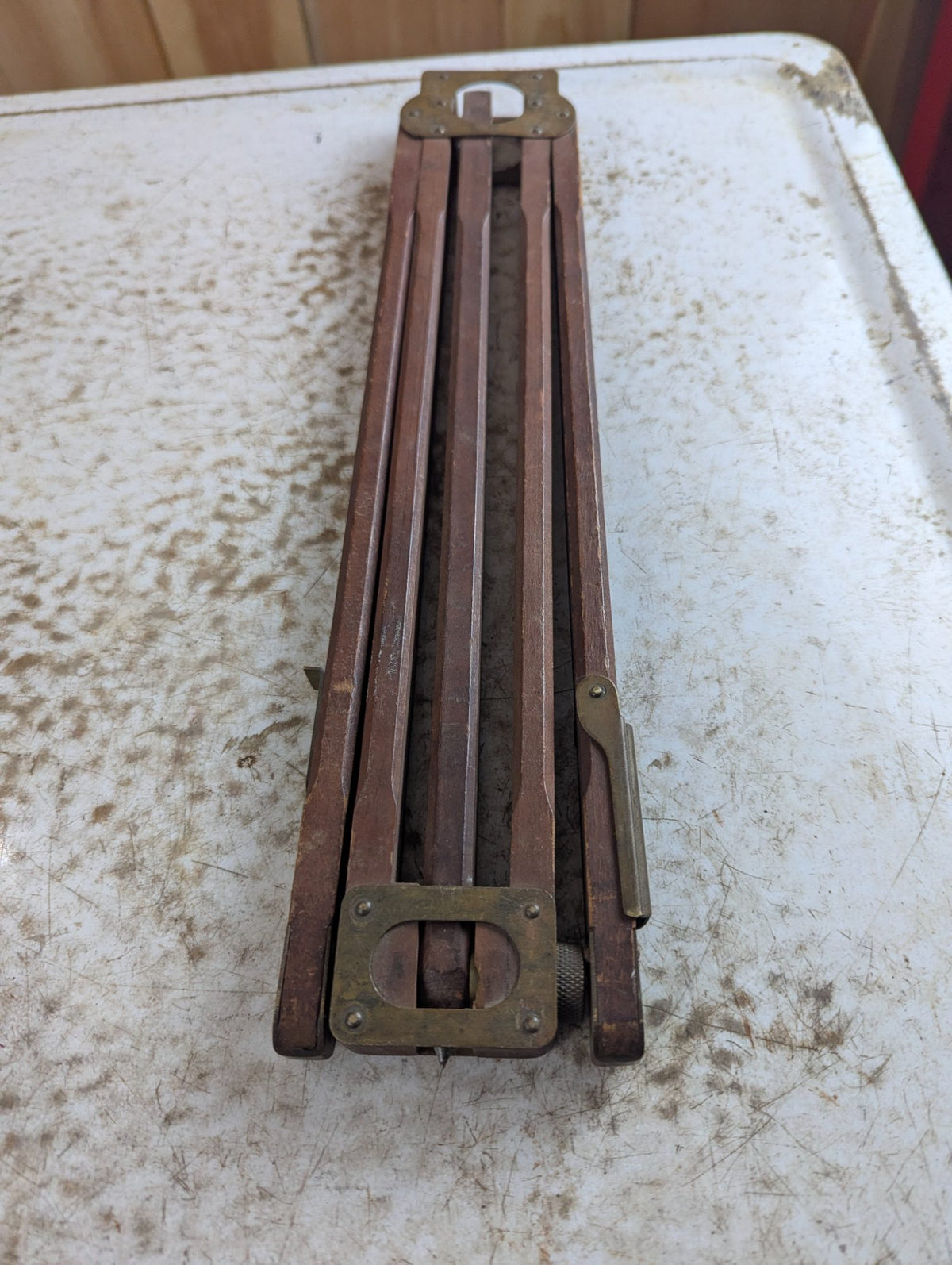 Antique Telescoping Wood and Brass Tripod Leg with Steel Point