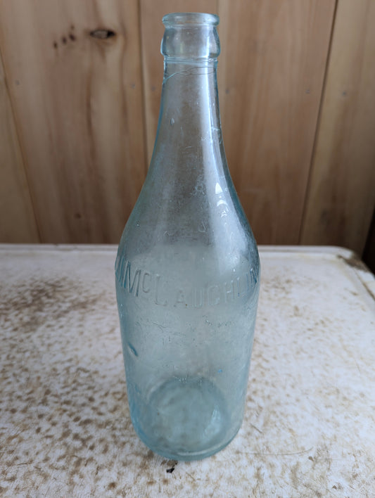 J.J. Mclauchlin Antique Embossed Aqua Blue Glass Large Soda Bottle