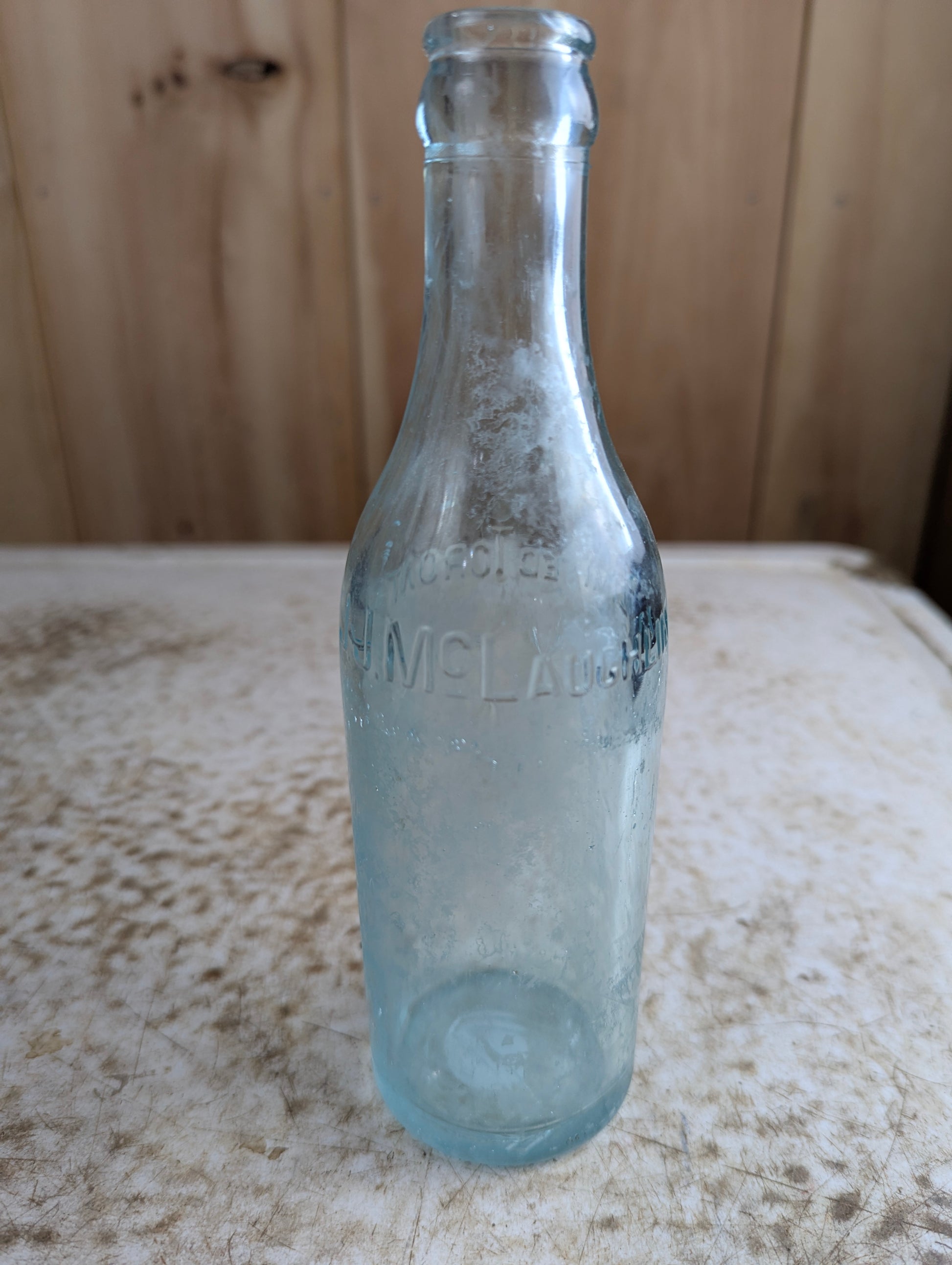 J.J. Mclauchlin Antique Embossed Aqua Blue Glass Soda Bottle
