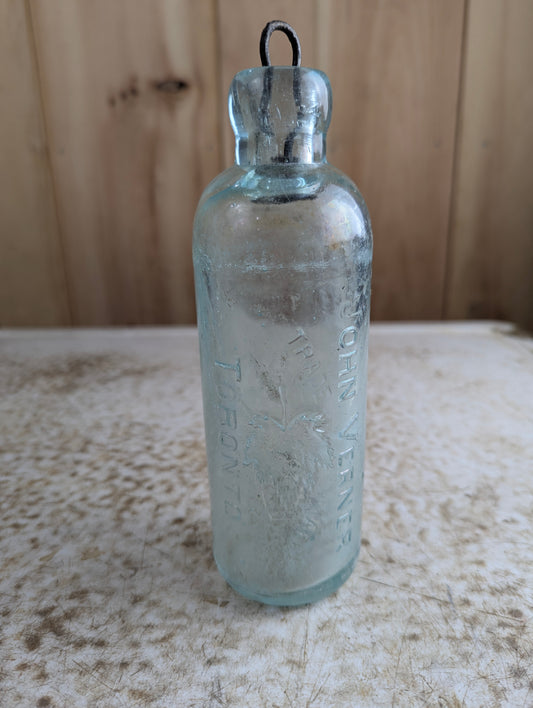John Verner Toronto Antique Maple Leaf Embossed Aqua Glass Hutchinson Soda Bottle