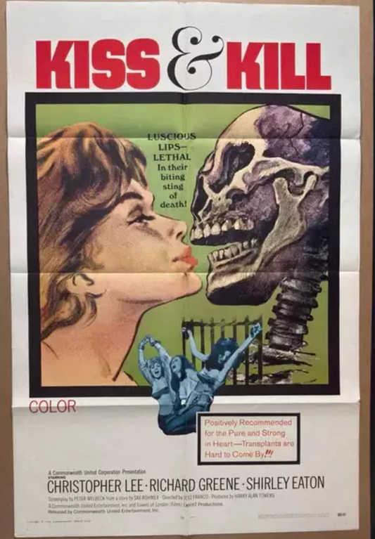 Movie poster for 'Kiss & Kill' with a woman and skeleton embracing, framed on a wall.