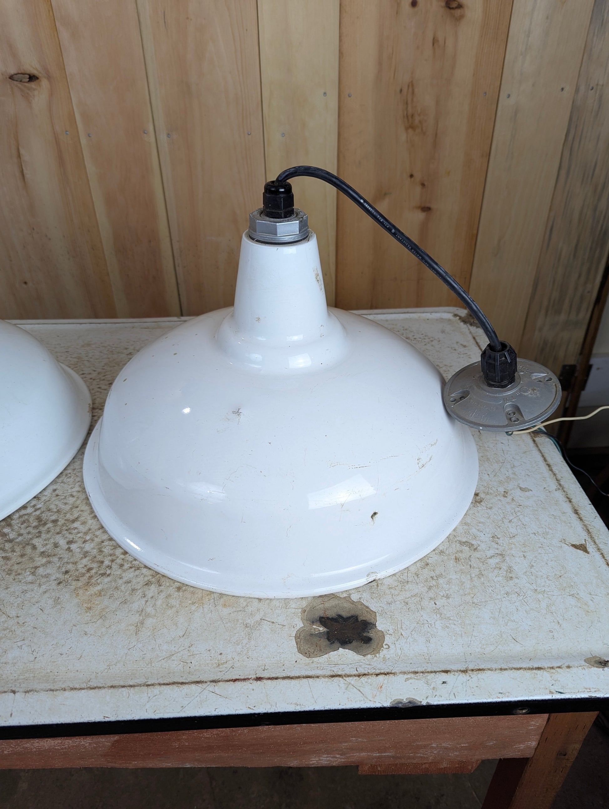 Large Industrial White Metal Hanging Lights - view 3