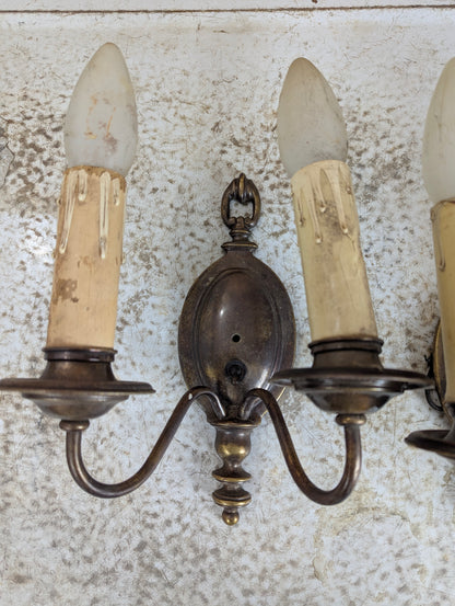 Pair of Antique Brass 2-Light Wall Sconces with Switches - view 2