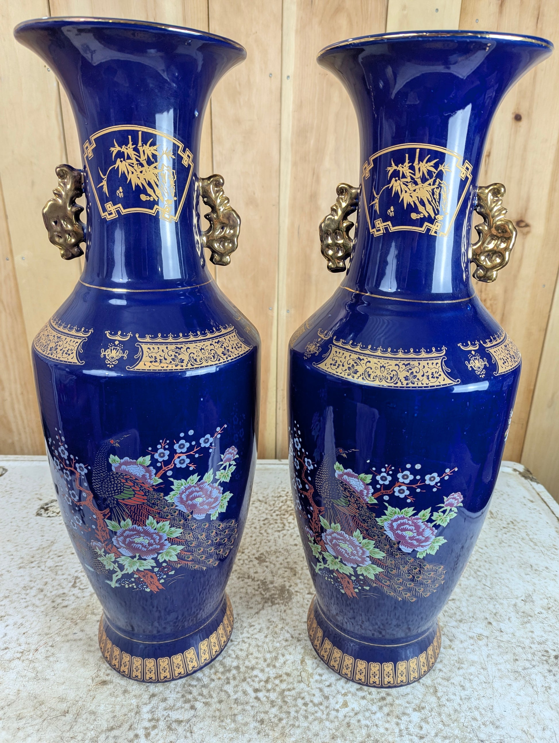 Pair of Vintage Oriental Cobalt Blue Peacock Vases with Handles