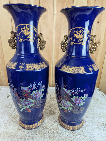 Pair of Vintage Oriental Cobalt Blue Peacock Vases with Handles