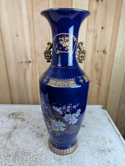 Pair of Vintage Oriental Cobalt Blue Peacock Vases with Handles - view 2