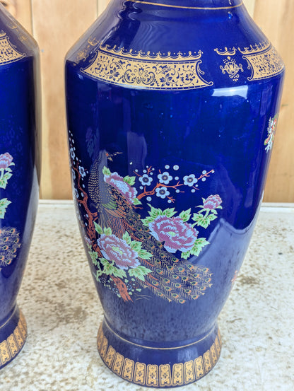 Pair of Vintage Oriental Cobalt Blue Peacock Vases with Handles - view 3