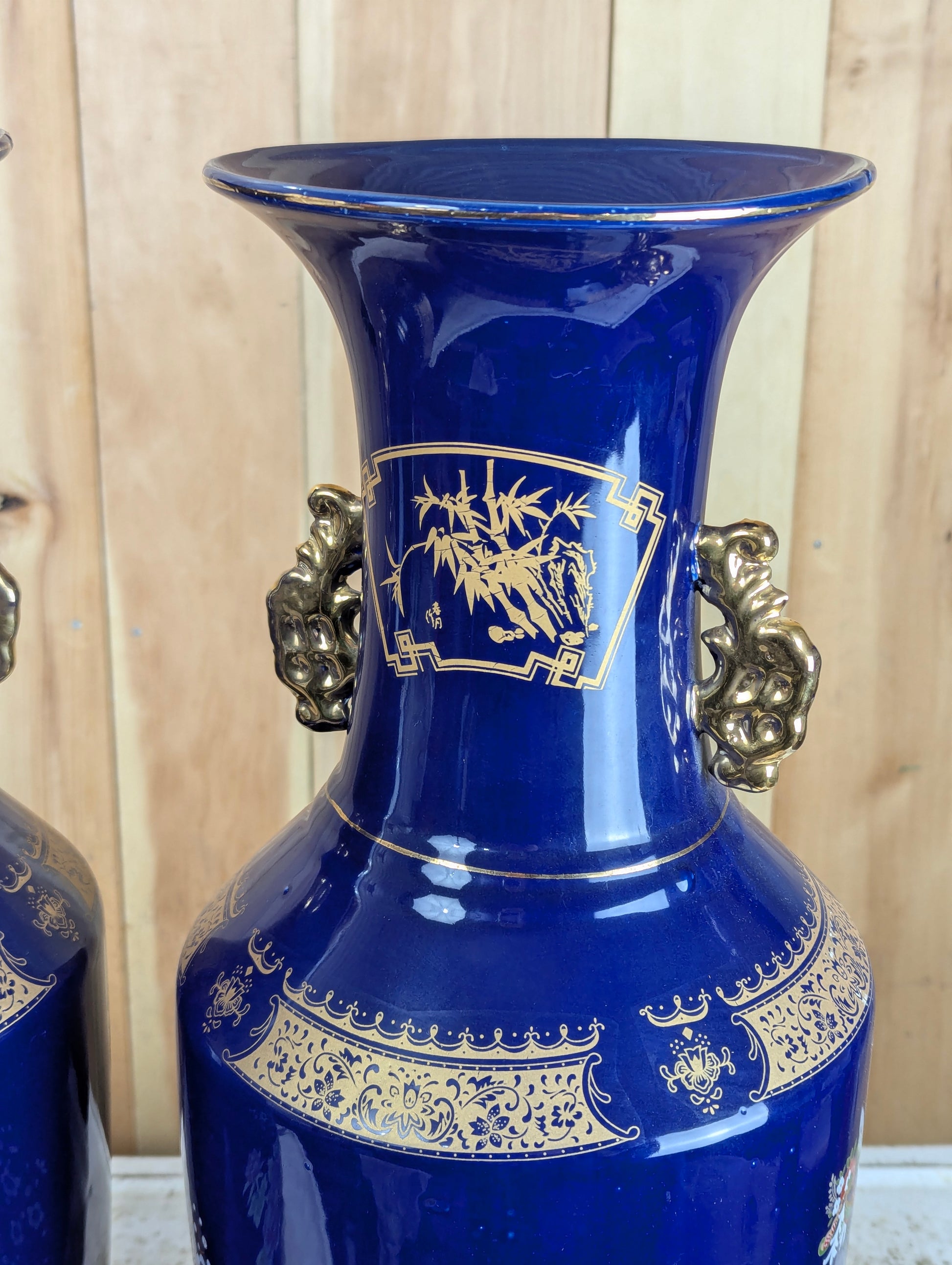 Pair of Vintage Oriental Cobalt Blue Peacock Vases with Handles - view 4