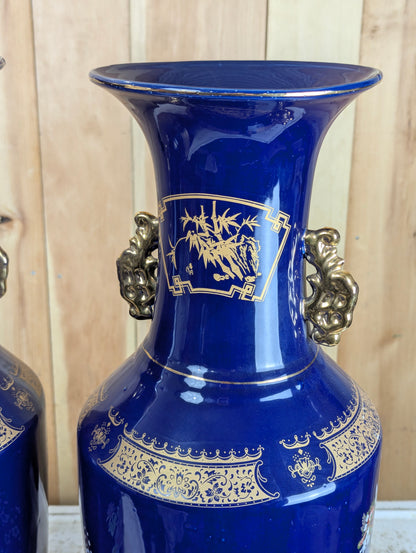 Pair of Vintage Oriental Cobalt Blue Peacock Vases with Handles - view 4