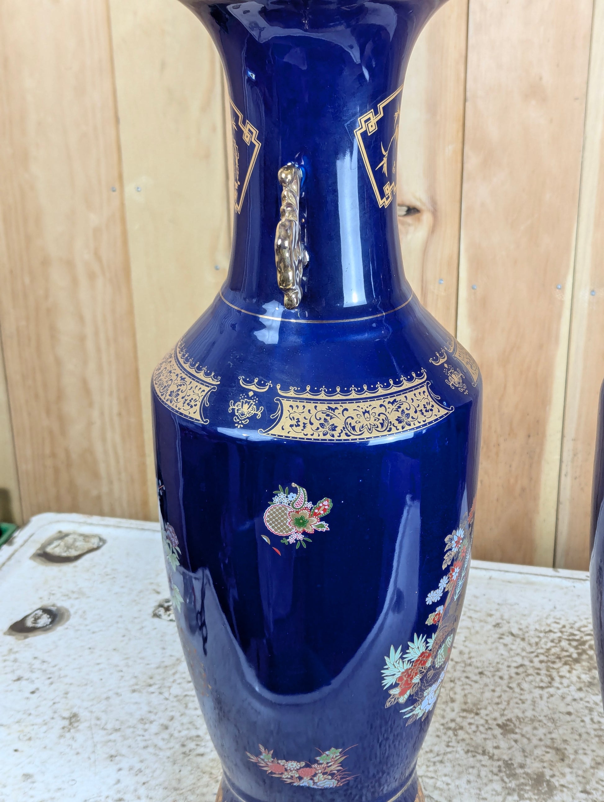 Pair of Vintage Oriental Cobalt Blue Peacock Vases with Handles - view 5