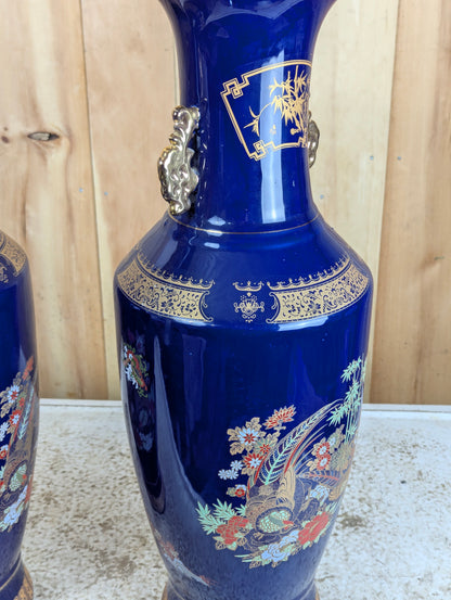 Pair of Vintage Oriental Cobalt Blue Peacock Vases with Handles - view 6