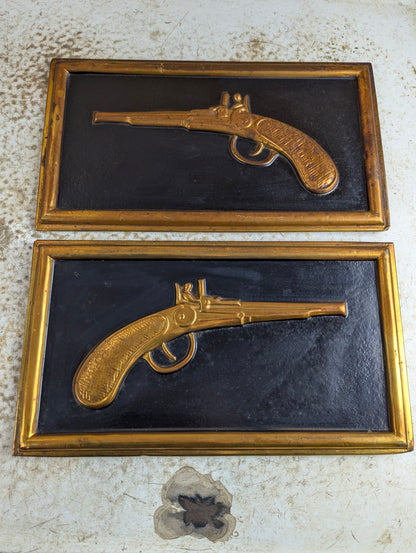 Pair Vintage Pressed Metal Flintlock Wall Art