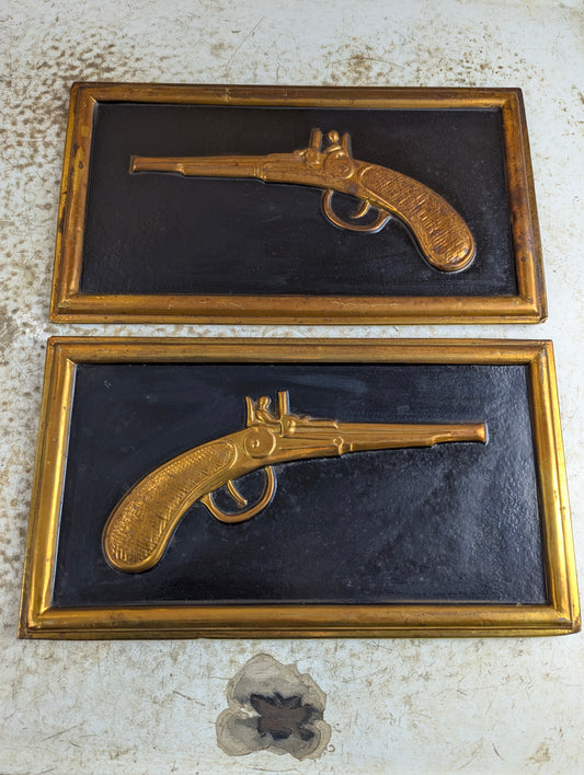 Pair Vintage Pressed Metal Flintlock Wall Art