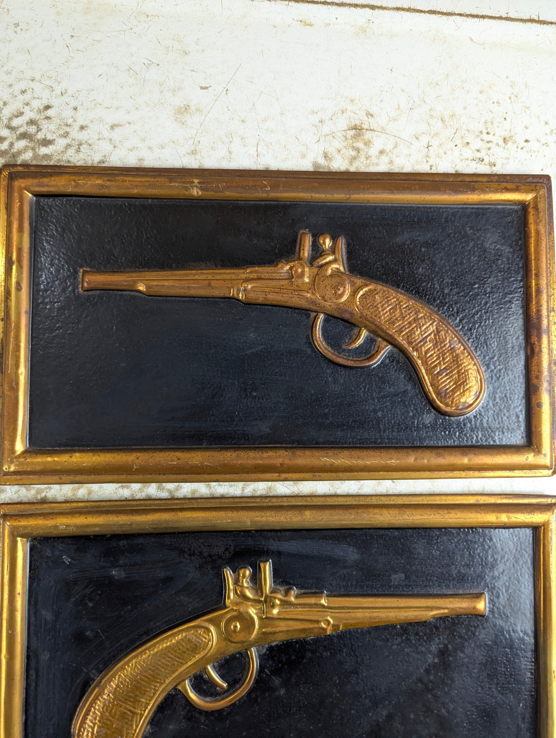Pair Vintage Pressed Metal Flintlock Wall Art - view 2