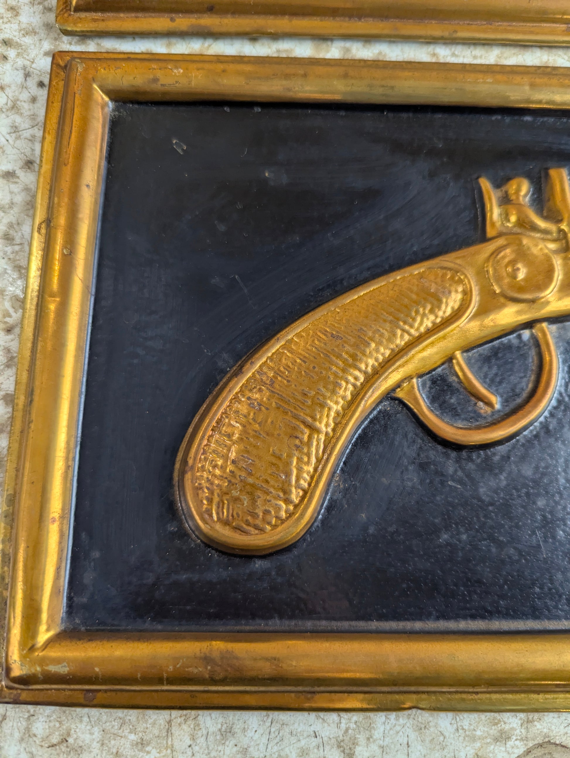 Pair Vintage Pressed Metal Flintlock Wall Art - view 3