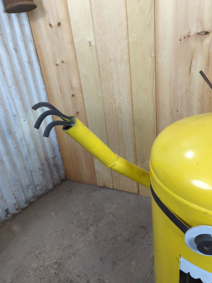 Handcrafted Minion Recycled Scrap Metal Yard Garden Art with Fire pit.