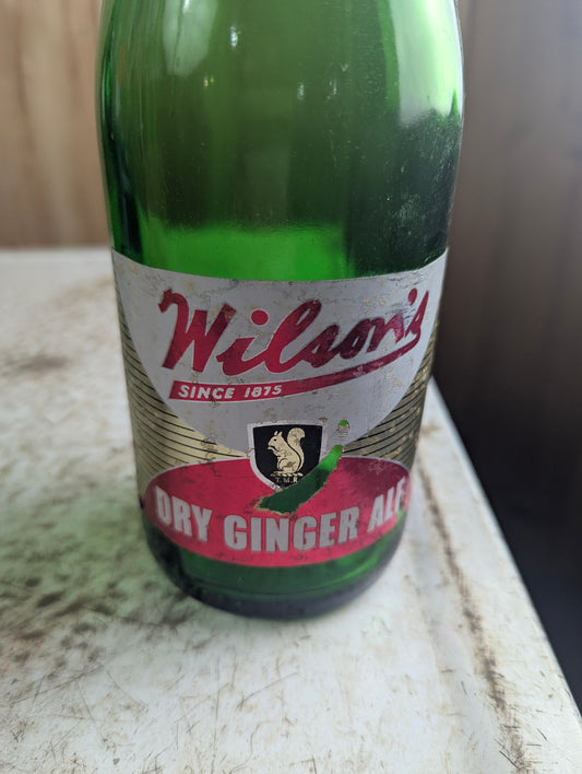 Vintage 30oz Wilson's Dry Ginger Ale Green Glass Paper Label Soda Bottle
