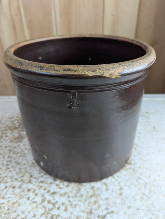 Vintage #1 Brown Stoneware Crock - Cracked