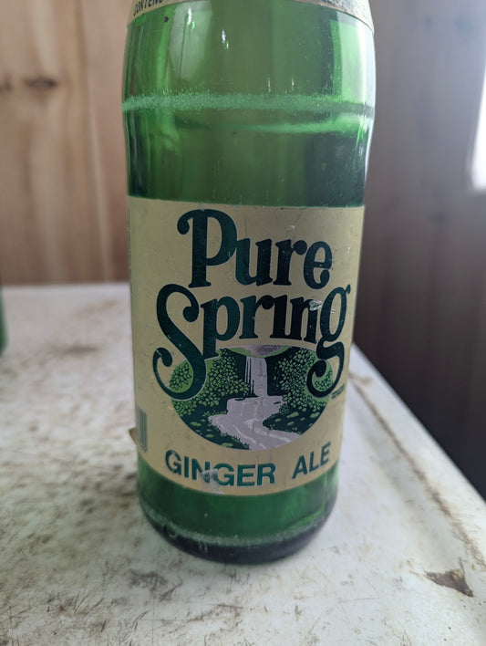 1980s Pure Spring Ginger Ale Green Glass Paper Label Soda Bottle