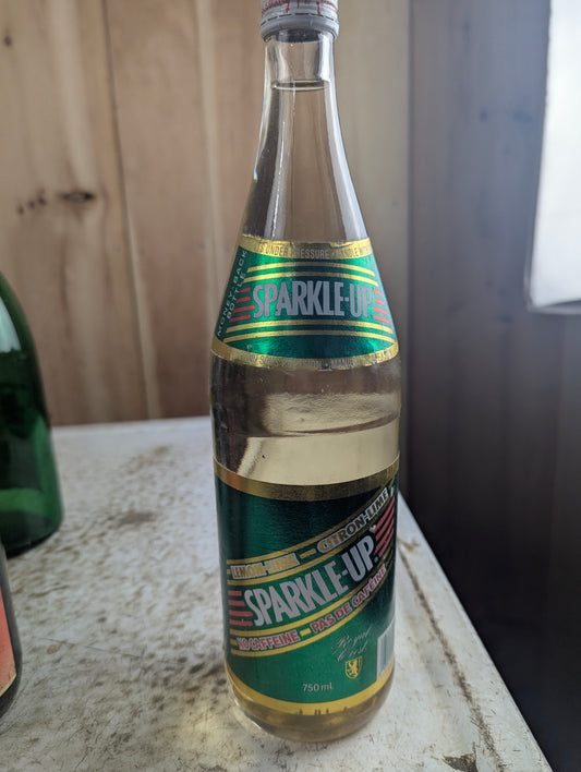 Vintage Unopened 750mL Royal Crown Sparkle-Up Clear Glass Paper Label Soda Bottle