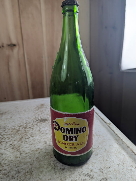 Vintage 30oz Domino Dry Ginger Ale Green Glass Paper Label Soda Bottle