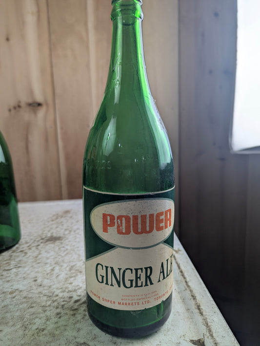 Vintage 30oz Power Ginger Ale Green Glass Paper Label Soda Bottle