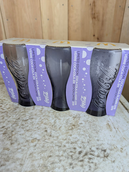 Set of 3 Limited Edition 2019 Purple Coca Cola Glasses in Box