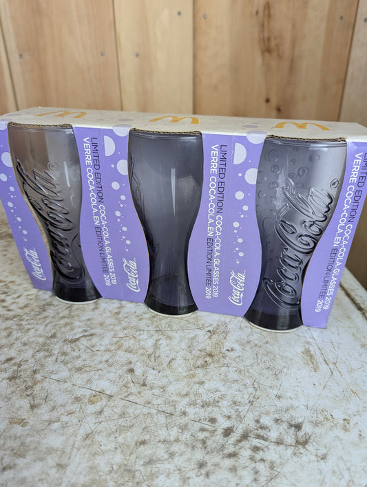 Set of 3 Limited Edition 2019 Purple Coca Cola Glasses in Box