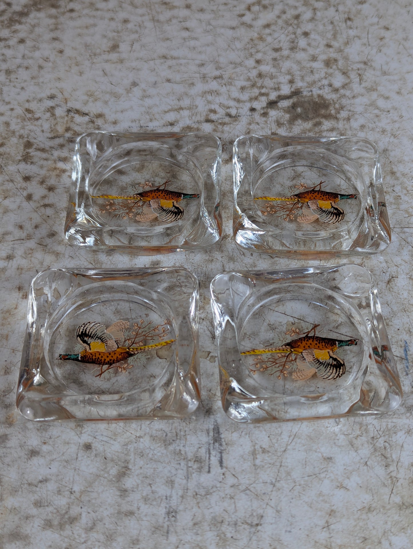 Set of 4 Pheasant Glass Ashtrays