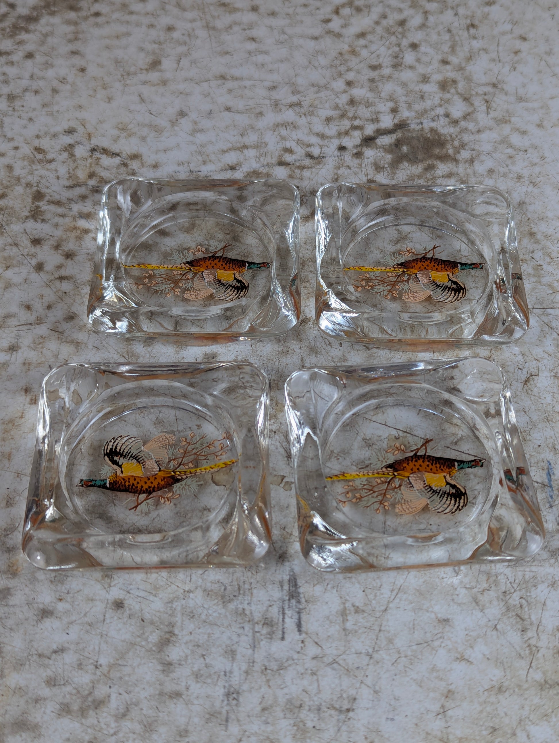 Set of 4 Pheasant Glass Ashtrays