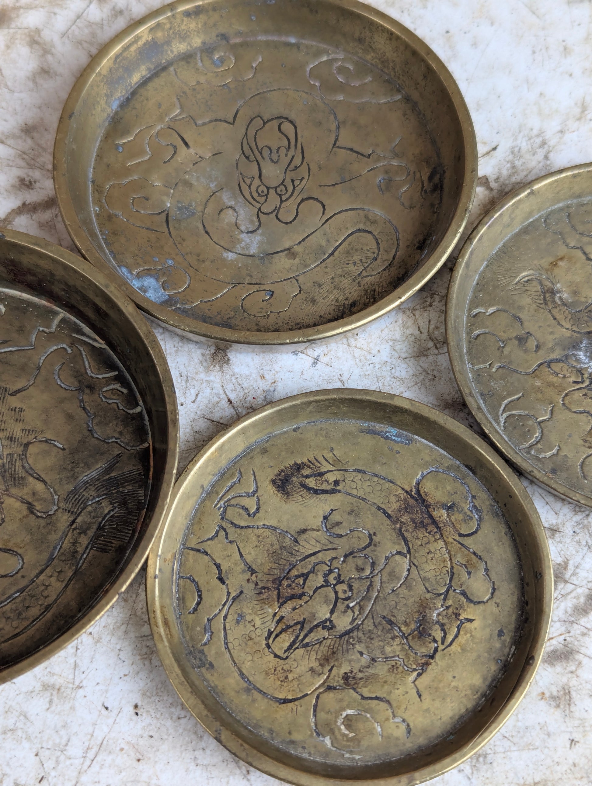 Set of 4 Vintage Chinese Etched Brass Dishes - view 3