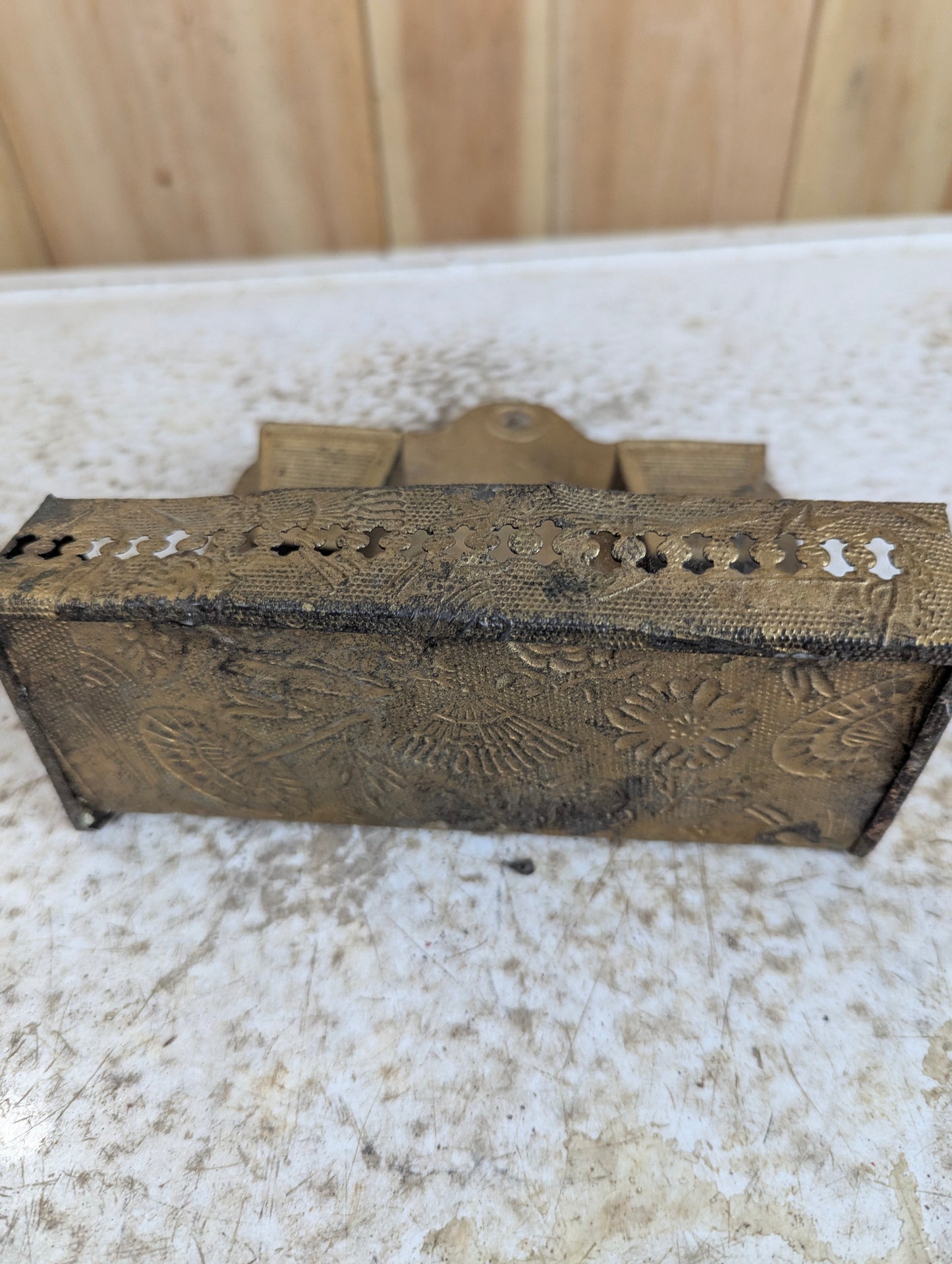 Victorian Pressed Tin Match Holder with Shelf - view 3