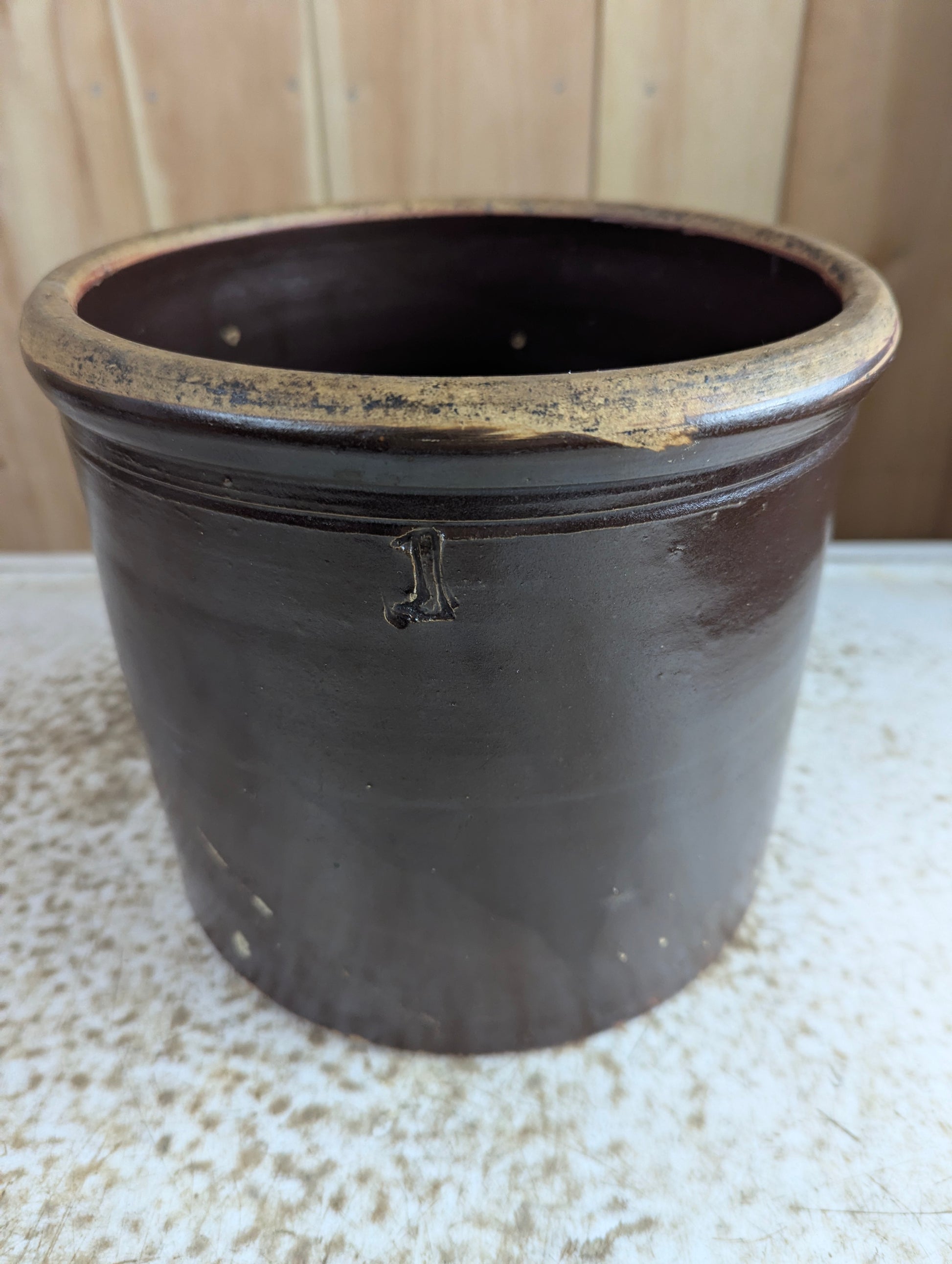 Vintage #1 Brown Stoneware Crock - Cracked